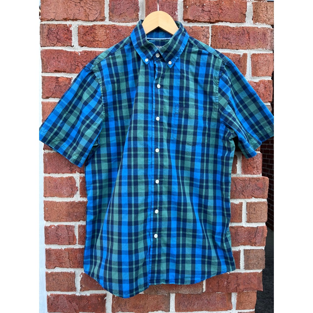 Chaps Mens Blue Green Plaid Short Sleeve Button Down Easy Care Shirt Size M